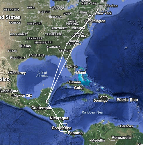 a map of the Wood Thrush migration from Belize to MA