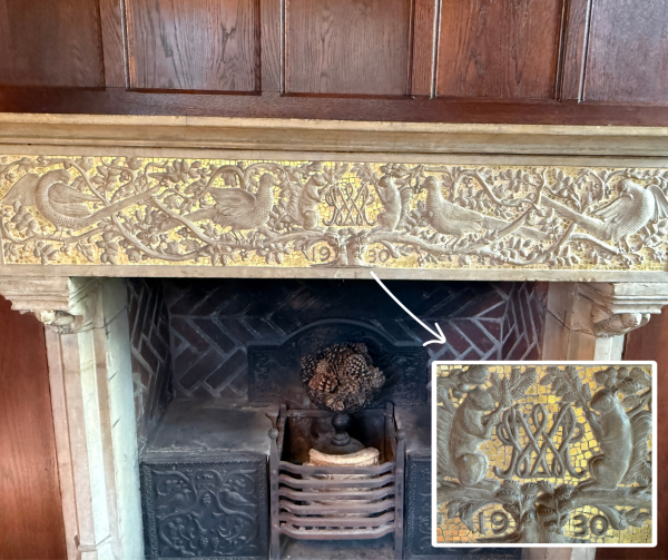 Limestone fireplace Willie designed and cast himself. 
